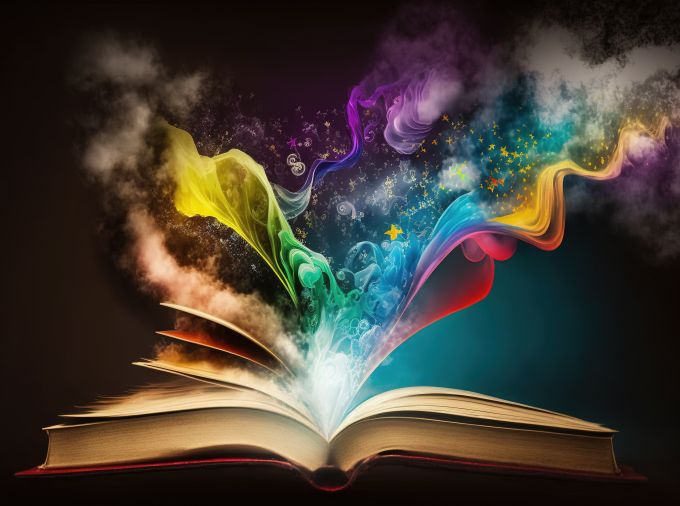 a book with multi-colored smoke emerging from its pages